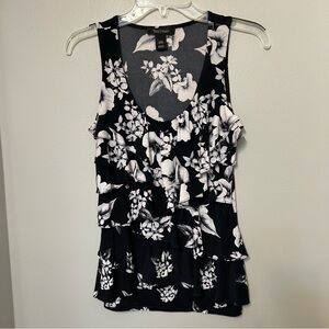 White House Black Market Sleeveless Shirt Blouse Top Black Floral XXS Ruffle